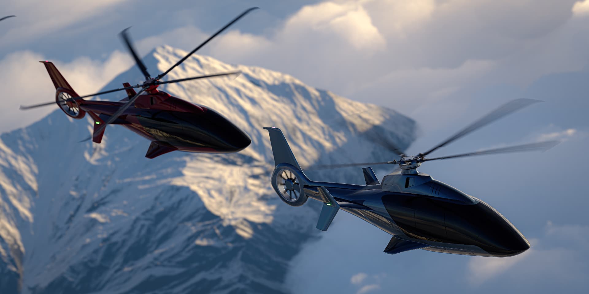 Two AVAYU aircraft flying past a snow-covered peak